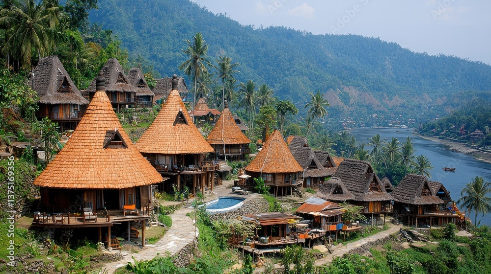 Serene Indonesian Village nestled in lush mountains, overlooking a tranquil river. Serene Indonesian Village nestled in lush mountains, overlooking a tranquil river.