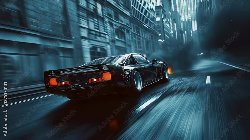 Blockbuster action shot of a car race. Fast 80s-style supercar speeding ...