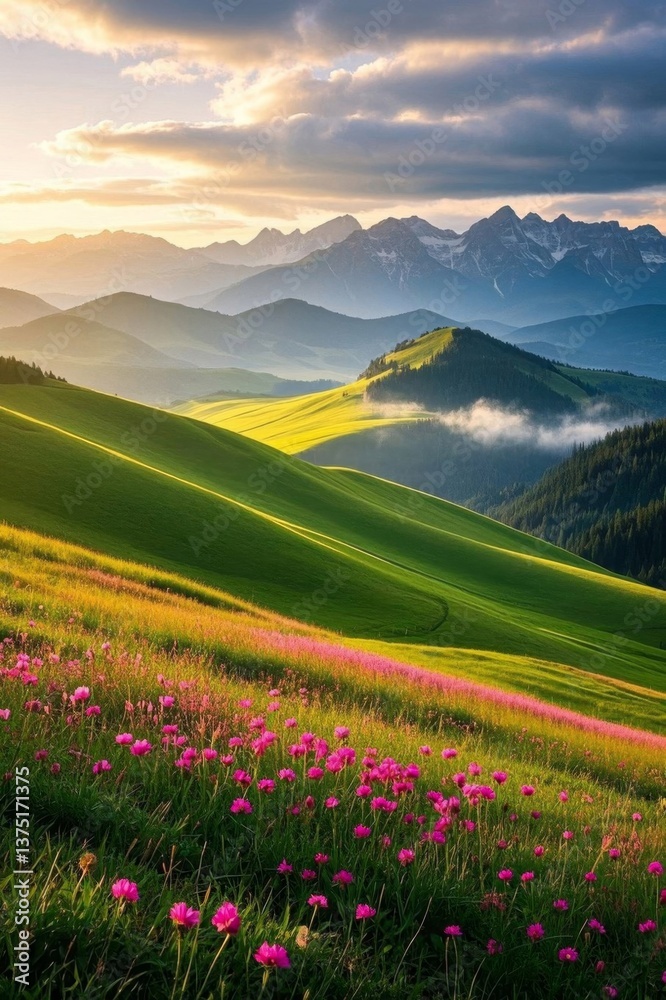 Obraz premium a view of a mountain range with pink flowers in the foreground