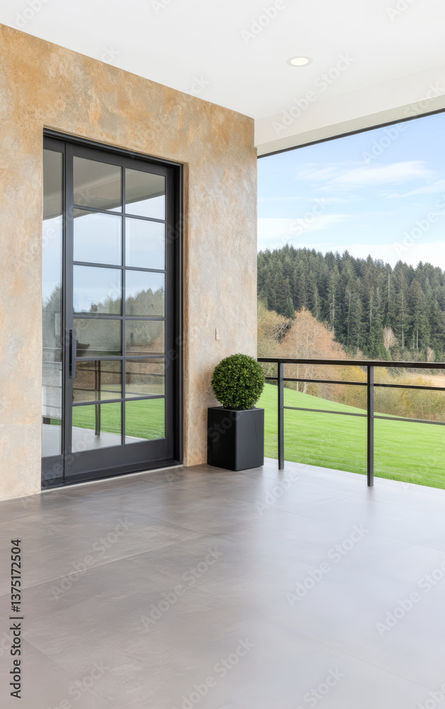 Fototapeta premium Modern balcony with a view of greenery and trees in a serene environment