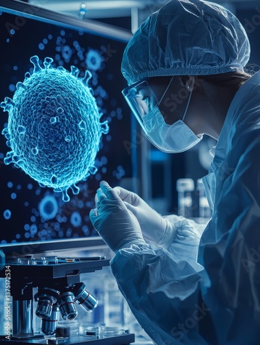 Medical scientist analyzing immune cell interactions to enhance cancer immunotherapy treatments Stock Photo with side copy space