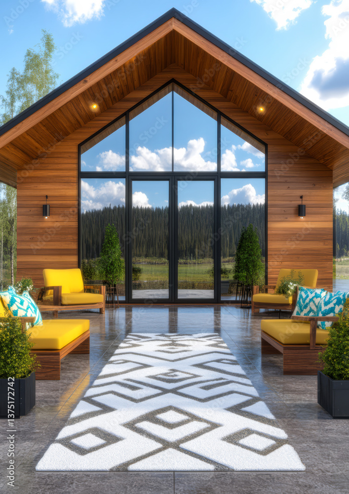 Fototapeta premium Modern outdoor seating area with a scenic view of mountains and greenery