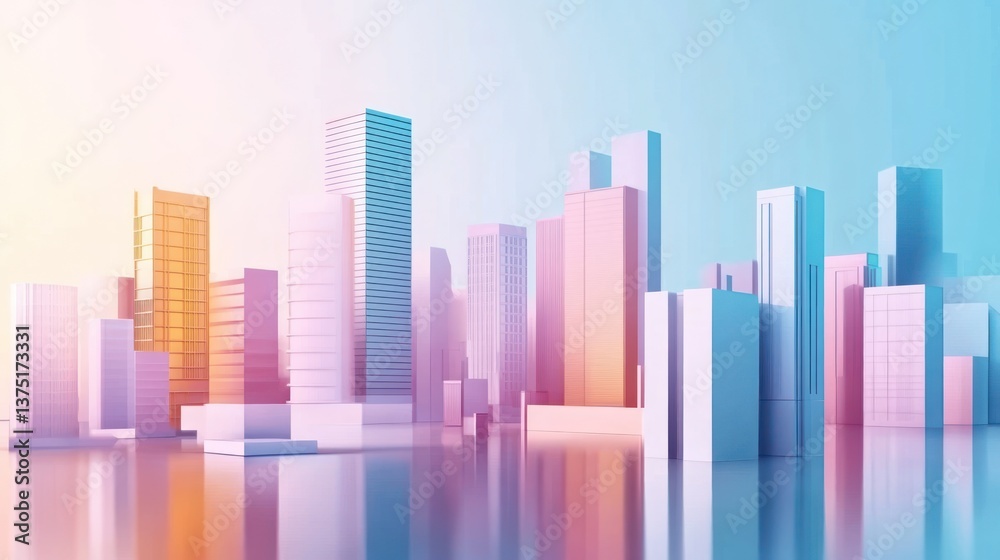 Colorful, stylized cityscape reflecting on a calm surface Colorful, stylized cityscape reflecting on a calm surface