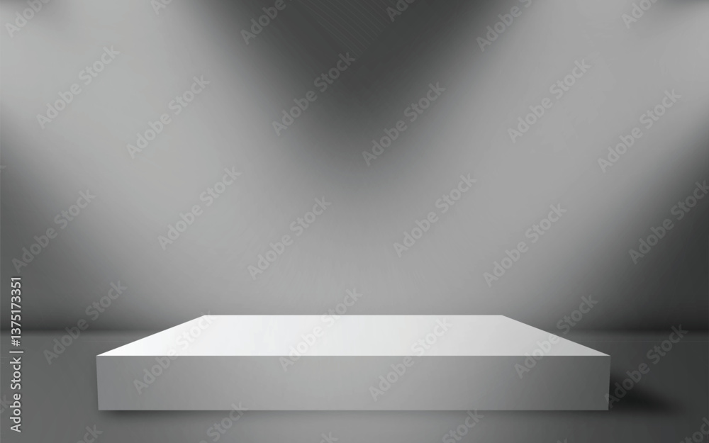 A white square podium on a gray background with two spotlights shining from above, digital design. Clean and simple 3D render, minimalist composition. Perfect for product mockups or presentations. A white square podium on a gray background with two spotlights shining from above, digital design. Clean and simple 3D render, minimalist composition. Perfect for product mockups or presentations.