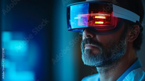 Doctors using AI powered augmented reality headsets to plan complex cancer treatments futuristic oncology Stock Photo with side copy space