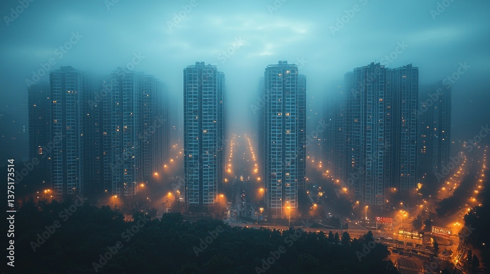 Obraz premium Misty Metropolis: A Skyline Shrouded in Fog