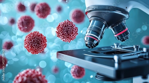 AI powered microscope analyzing cancerous cells under a high-resolution lens medical technology concept Stock Photo with side copy space