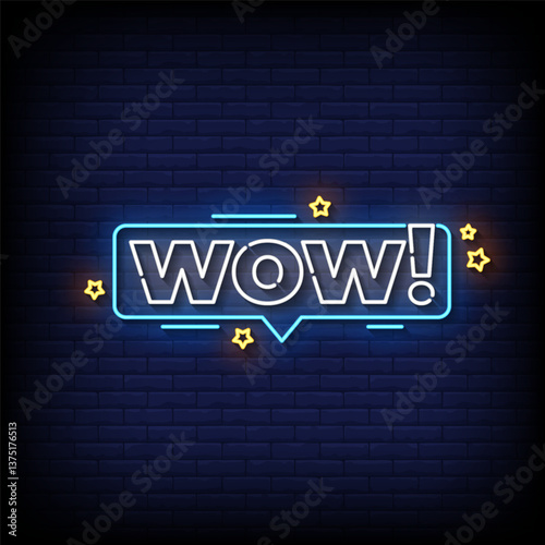 wow neon sign with brick wall background vector