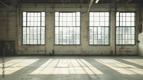 Sunlit industrial interior space with large windows and aged brick walls.
