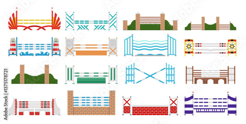 Equestrian show jumping obstacles with rails brick wall set vector flat illustration