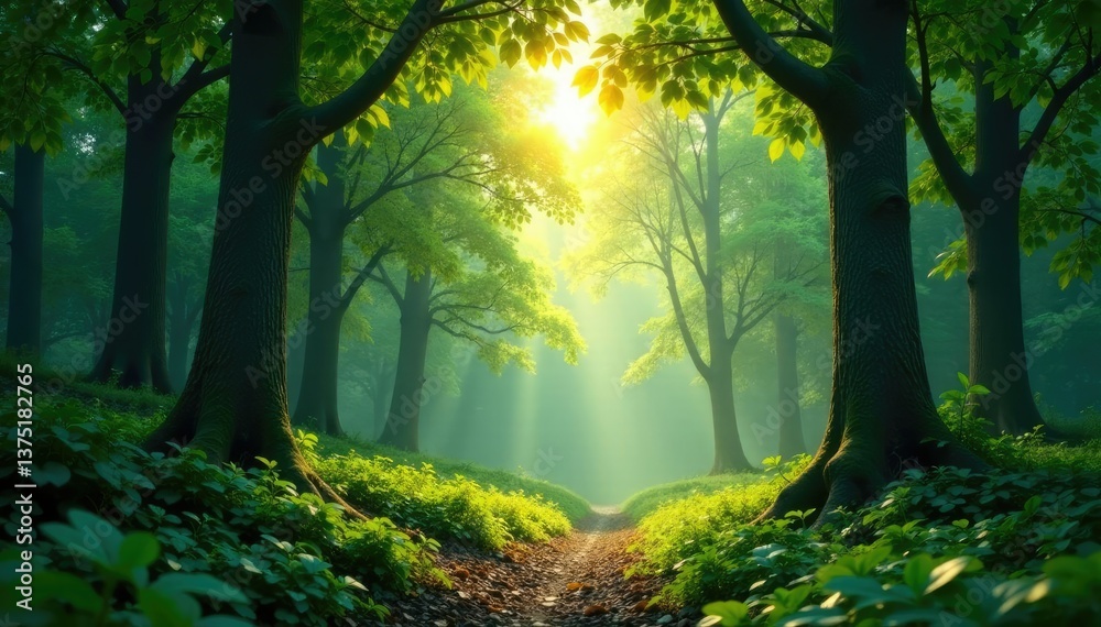 Fototapeta premium Dense forest with sunlight filtering through leaves, sunlight, canopy