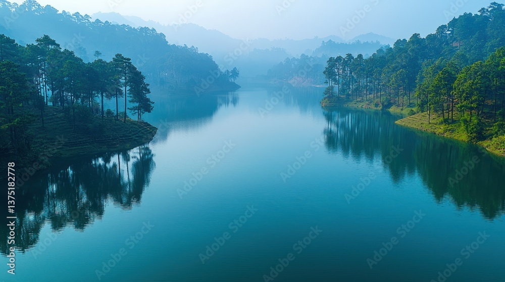 Serene Mountain Lake Reflection: A Misty Morning in the Pines Serene Mountain Lake Reflection: A Misty Morning in the Pines