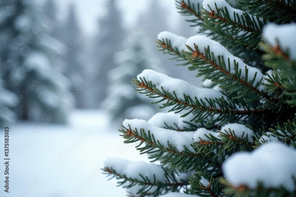 Dense snow-covered conical spruce with bare twigs, snow, nature, evergreen Dense snow-covered conical spruce with bare twigs, snow, nature, evergreen