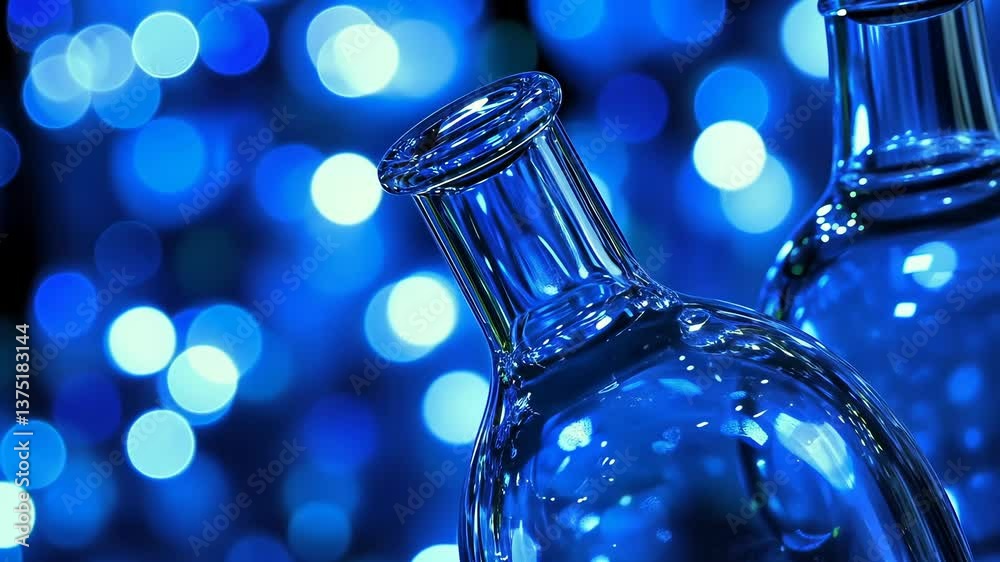 Glowing blue bottles surrounded by shimmering bokeh lights create a mesmerizing visual effect at a nighttime event