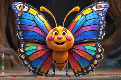 Vibrant Animated Butterfly with Cheerful Face and Colorful Wings for Joyful Children's Art