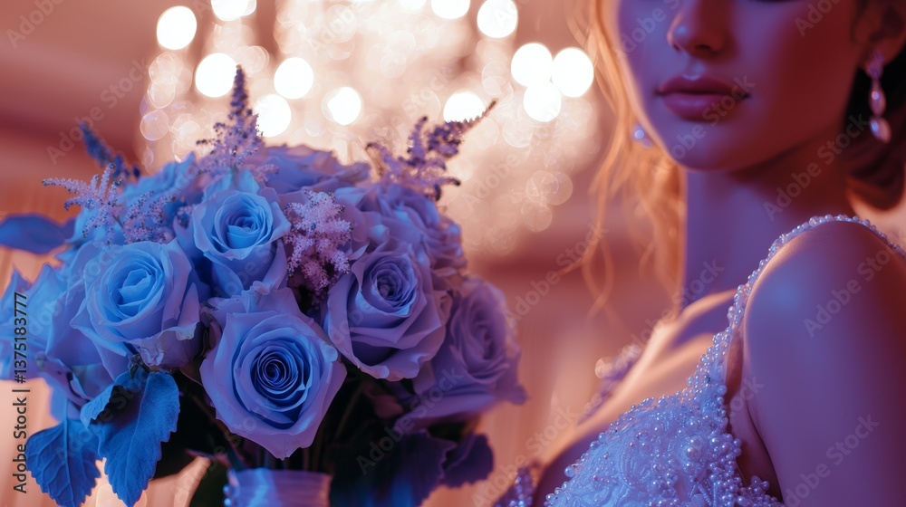 Obraz premium A royal-themed wedding setup with a bride holding an extravagant bouquet of rare blue roses and pearl accents, standing beneath a crystal chandelier.