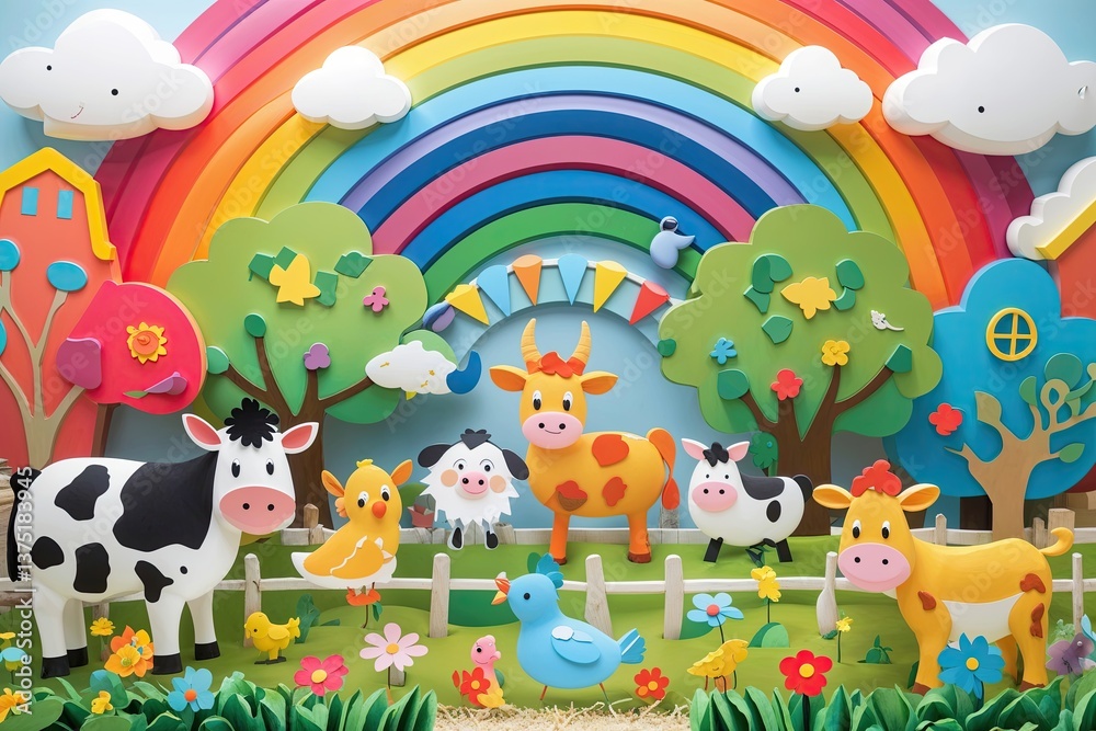 Obraz premium Whimsical Farmyard Scene with Colorful Animals Under a Radiant Rainbow for Children's Decor