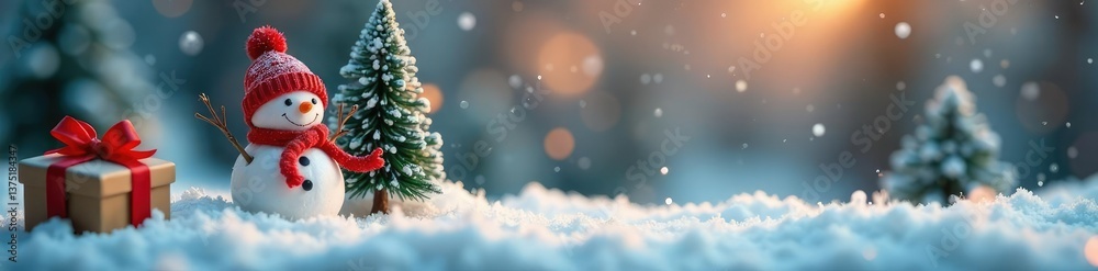 Miniature winter scene with a snowman and trees, holiday gift, present