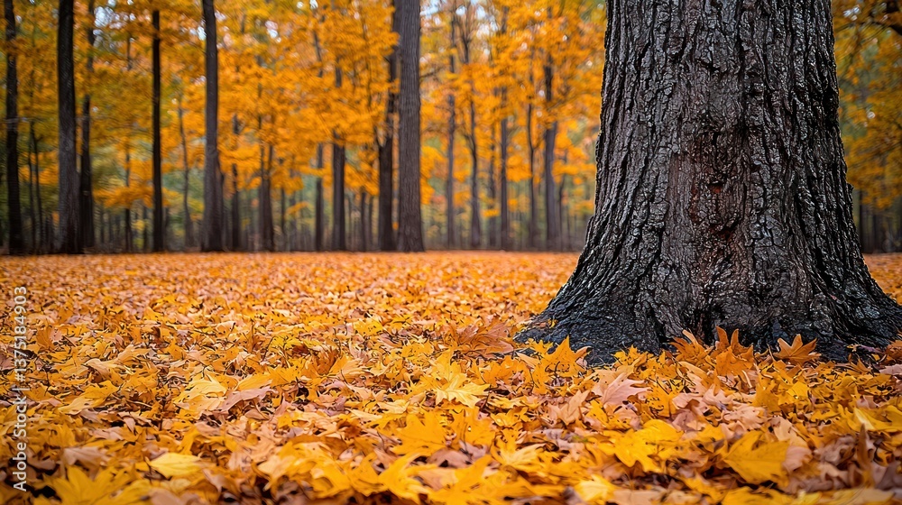 Autumnal Serenity: A Majestic Tree Stands Amidst a Carpet of Golden Leaves Autumnal Serenity: A Majestic Tree Stands Amidst a Carpet of Golden Leaves