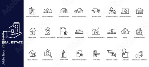 Set of Real Estate & Property Line Icons – Housing, Investment, Security, Architecture