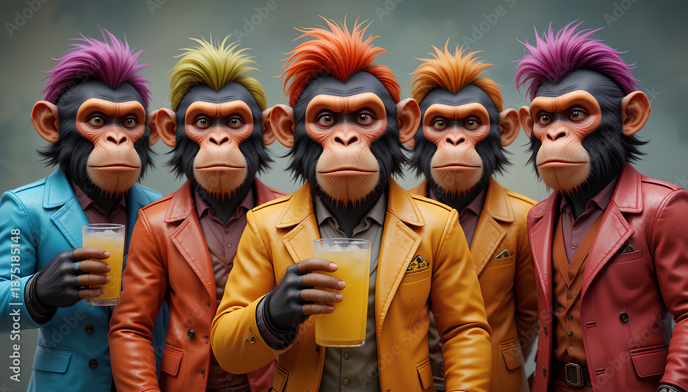 Fototapeta premium Five Stylish Chimps in Colorful Suits Enjoying Refreshments