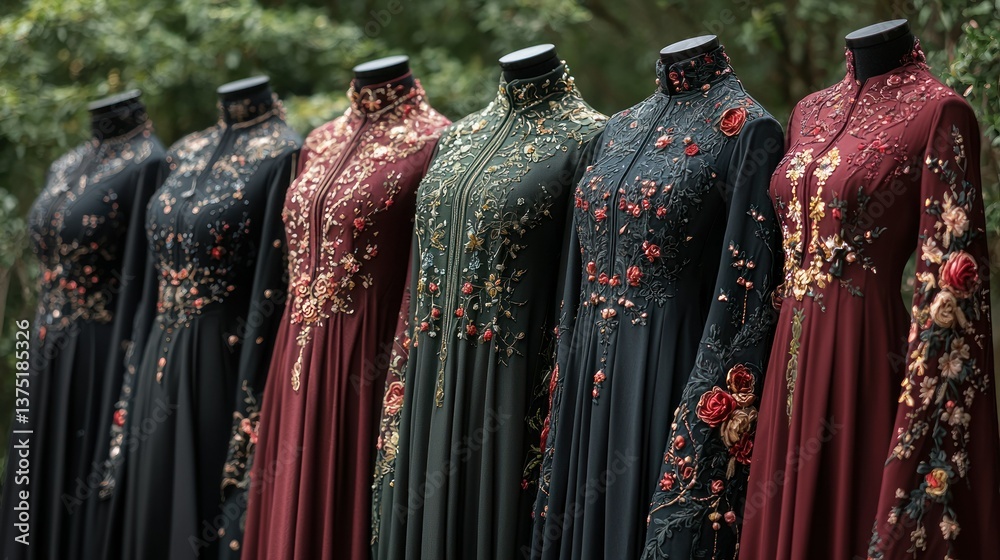 Fototapeta premium Elegant Embroidered Gown Collection: Exquisite Dark Hues
