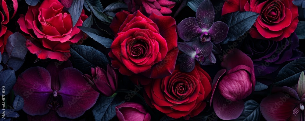 Dark moody floral design, crimson roses, deep violet orchids, and emerald green leaves set against a gothic black background. Dark moody floral design, crimson roses, deep violet orchids, and emerald green leaves set against a gothic black background.