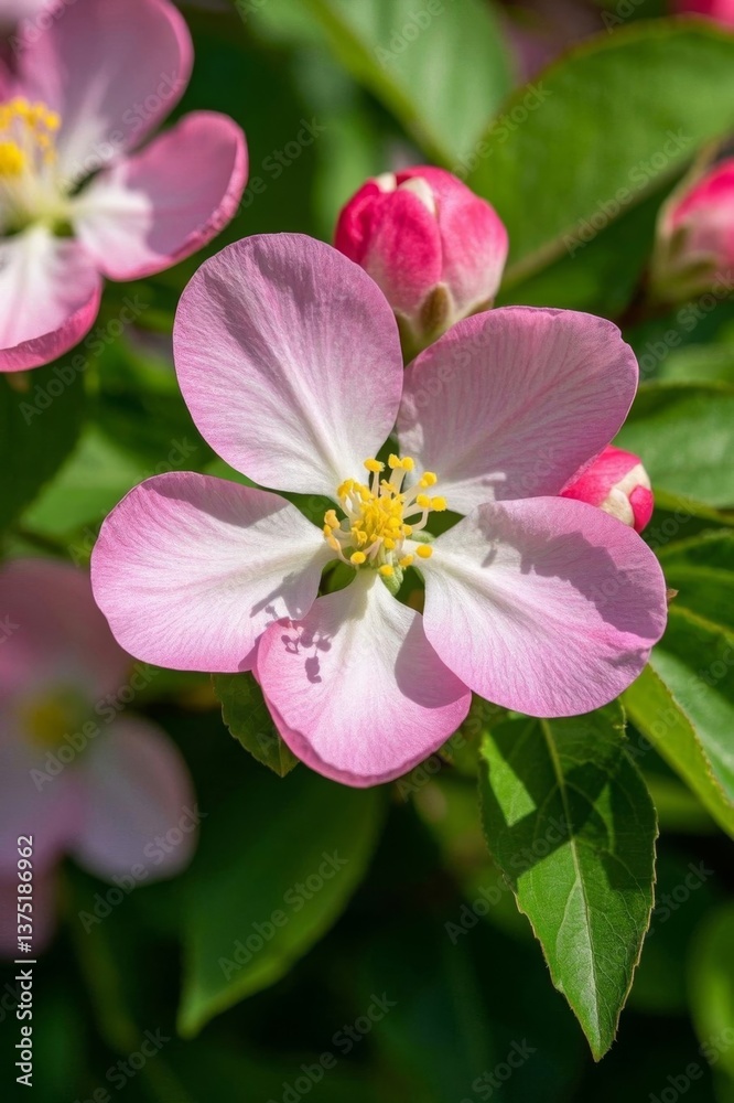 Fototapeta premium there is a close up of a pink flower with green leaves
