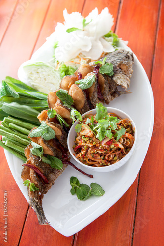 Deep-fried snakehead fish cooked to golden brown, soft meat, crispy skin, is a delicious Thai-style seafood dish.