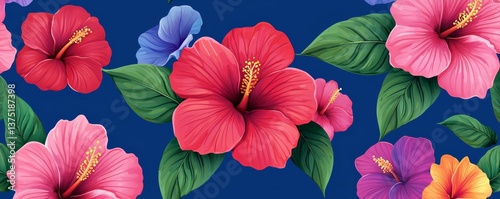 Wallpaper Mural Vibrant tropical hibiscus pattern with lush green leaves, bright pink and red petals, and a deep blue background, seamless repeat, highly detailed botanical design. Torontodigital.ca