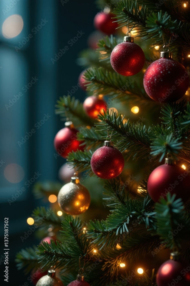 Fototapeta premium Christmas Tree with Sparkling Ornaments and Flickering Fairy Lights, winter wonderland, ornaments