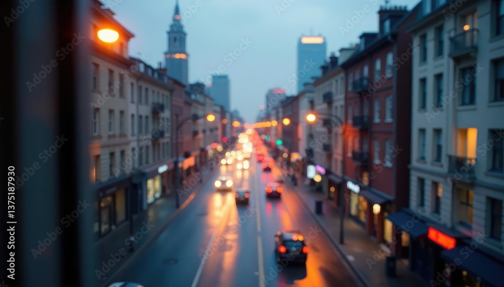 Blurred city view from window, computer screen, building, distant