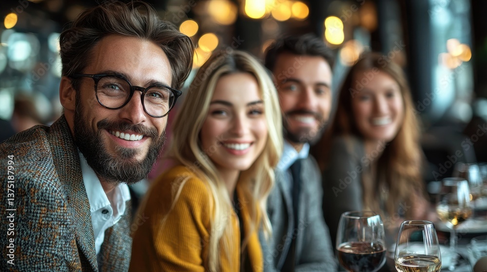 A group of happy stylishly dressed friends or colleagues enjoying a lively evening out together at an urban restaurant or cafe They are engaged in conversation laughing A group of happy stylishly dressed friends or colleagues enjoying a lively evening out together at an urban restaurant or cafe They are engaged in conversation laughing