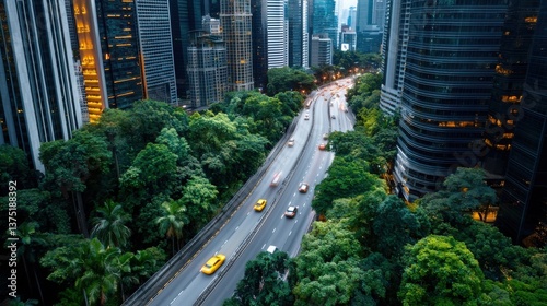 Aerial view of a bustling city skyline with towering skyscrapers busy roads with traffic and lush green spaces interspersed throughout the modern urban landscape photo