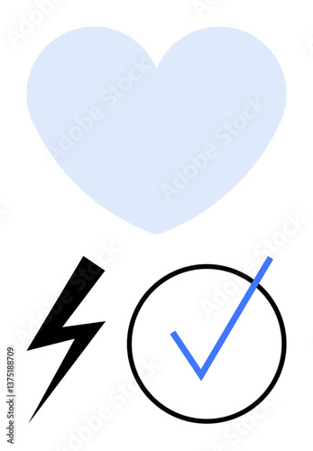 Blue heart symbol above black lightning bolt and check mark in a circle. Ideal for themes thumbs up energy, health, approval, validation, passion, decision-making, and balance. Flat simple metaphor