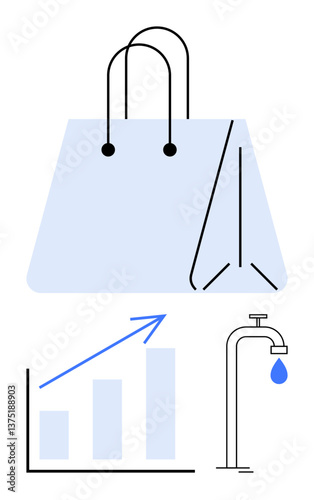Large shopping bag outline alongside upward bar graph and dripping water faucet. Ideal for sustainability, economics, e-commerce, conservation, data trends, environmental balance, retail. Simple flat