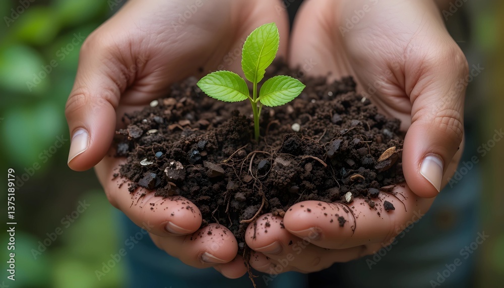 Hands holding a small plant with roots in soil on Earth Day Hands holding a small plant with roots in soil on Earth Day