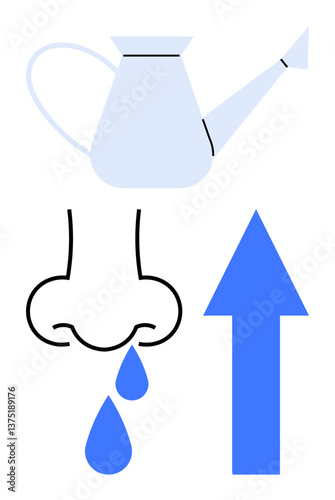 Watering can pouring into drippy nose, blue arrow symbolizing upward airflow. Ideal for health, sinus care, nasal irrigation, congestion relief, allergies, wellness breathing issues. Flat simple