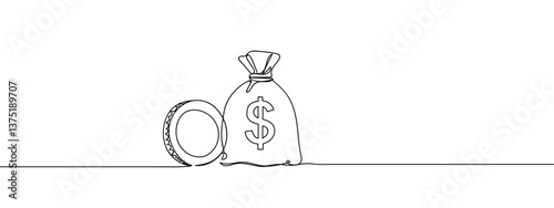 Continuous line, financial illustration, coins and money bag. vector illustration with transparent background editable stroke.