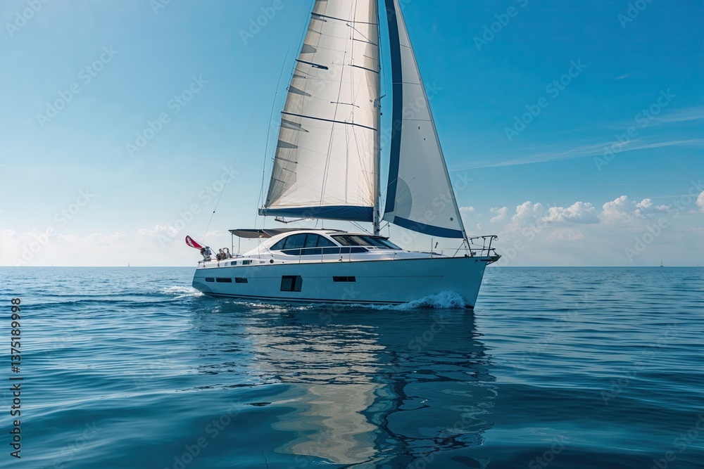 Fototapeta premium Sailing Alone on a Yacht in Clear Blue Waters Under a Bright Summer Sky