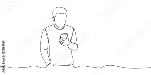 Continuous line, person using smartphone vector illustration with transparent background editable stroke.