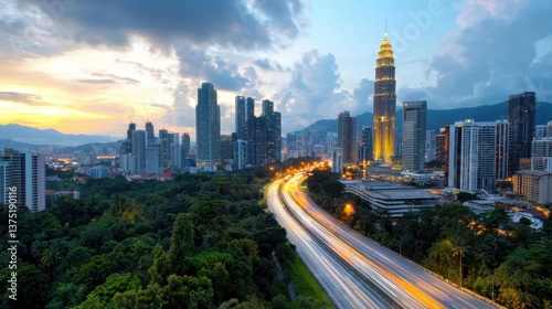 Breathtaking aerial view of a bustling city skyline with towering skyscrapers a winding highway and a vibrant sunset backdrop