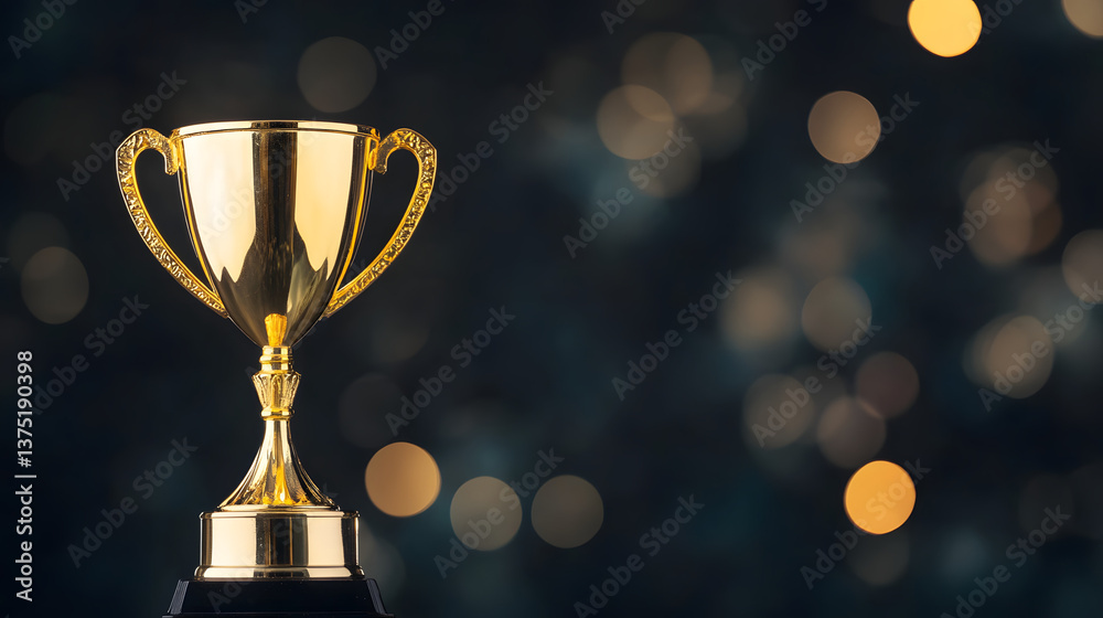 A golden trophy stands against a dark background with dramatic lighting.