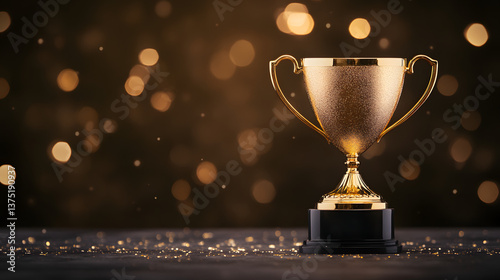 A golden trophy stands against a dark background with dramatic lighting.
