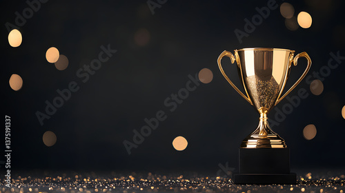 A golden trophy stands against a dark background with dramatic lighting.
