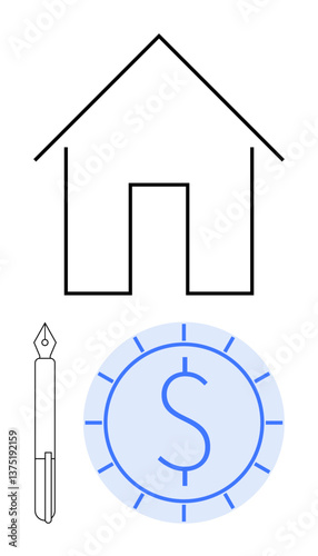 House outline, pen, and coin with dollar sign. Ideal for real estate, mortgages, loans, contracts, housing financial planning investments. Flat simple metaphor