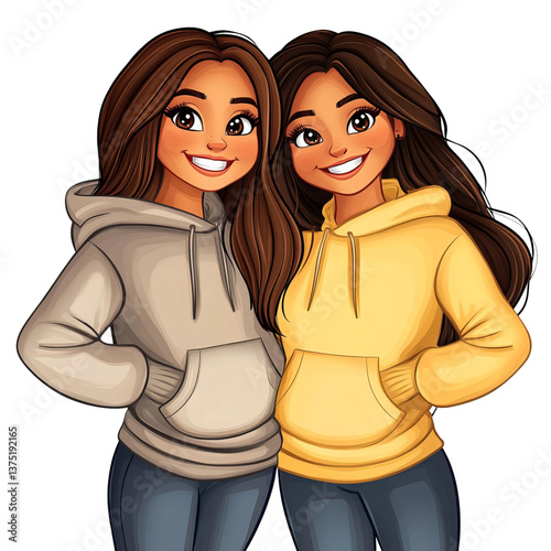 Fun Cartoon Clipart of Two Best Friends Wearing Matching Hoodies and Smiling Brightly Isolated on Transparent Background