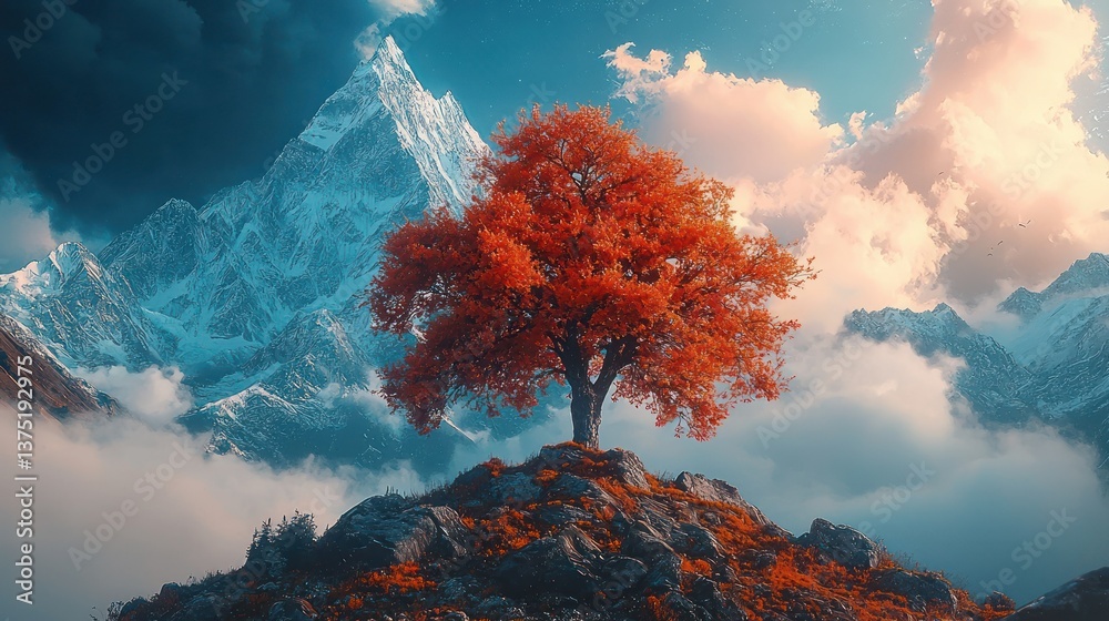 Fototapeta premium Majestic Mountain, Solitary Autumn Tree