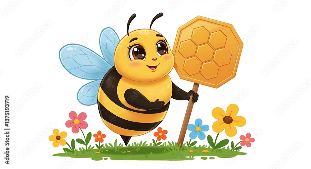 Obraz premium Adorable Honeybee Cartoon Illustration Golden Honeycomb AI Generated