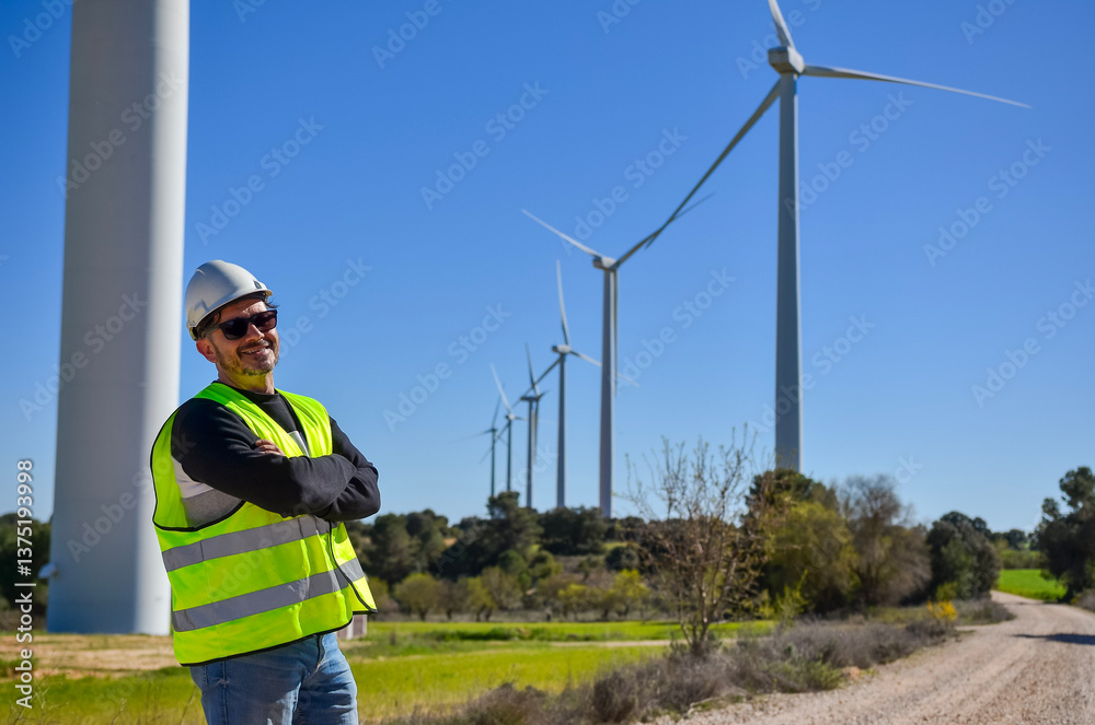 Smiling engineer posing with crossed arms in front of wind turbines farm Smiling engineer posing with crossed arms in front of wind turbines farm